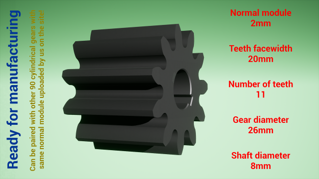 Cylindrical gear - paired - z11 m2 D26 d8 3Dプリントモデル .c4d .max .obj .3ds .fbx .stl .blend 