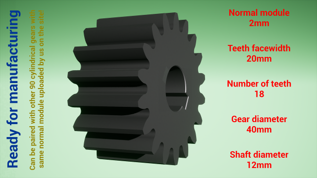 Cylindrical gear - paired - z18 m2 D40 d12 Modèles 3D en vedette .c4d .max .obj .3ds .fbx .stl .blend 