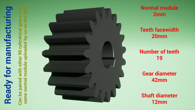 Cylindrical gear - paired - z19 m2 D42 d12 Modello di stampa 3D .c4d .max .obj .3ds .fbx .stl .blend 