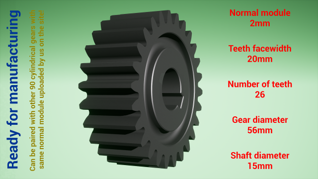 Cylindrical gear - paired - z26 m2 D56 d15 Model Cetak 3D .c4d .max .obj .3ds .fbx .stl .blend 