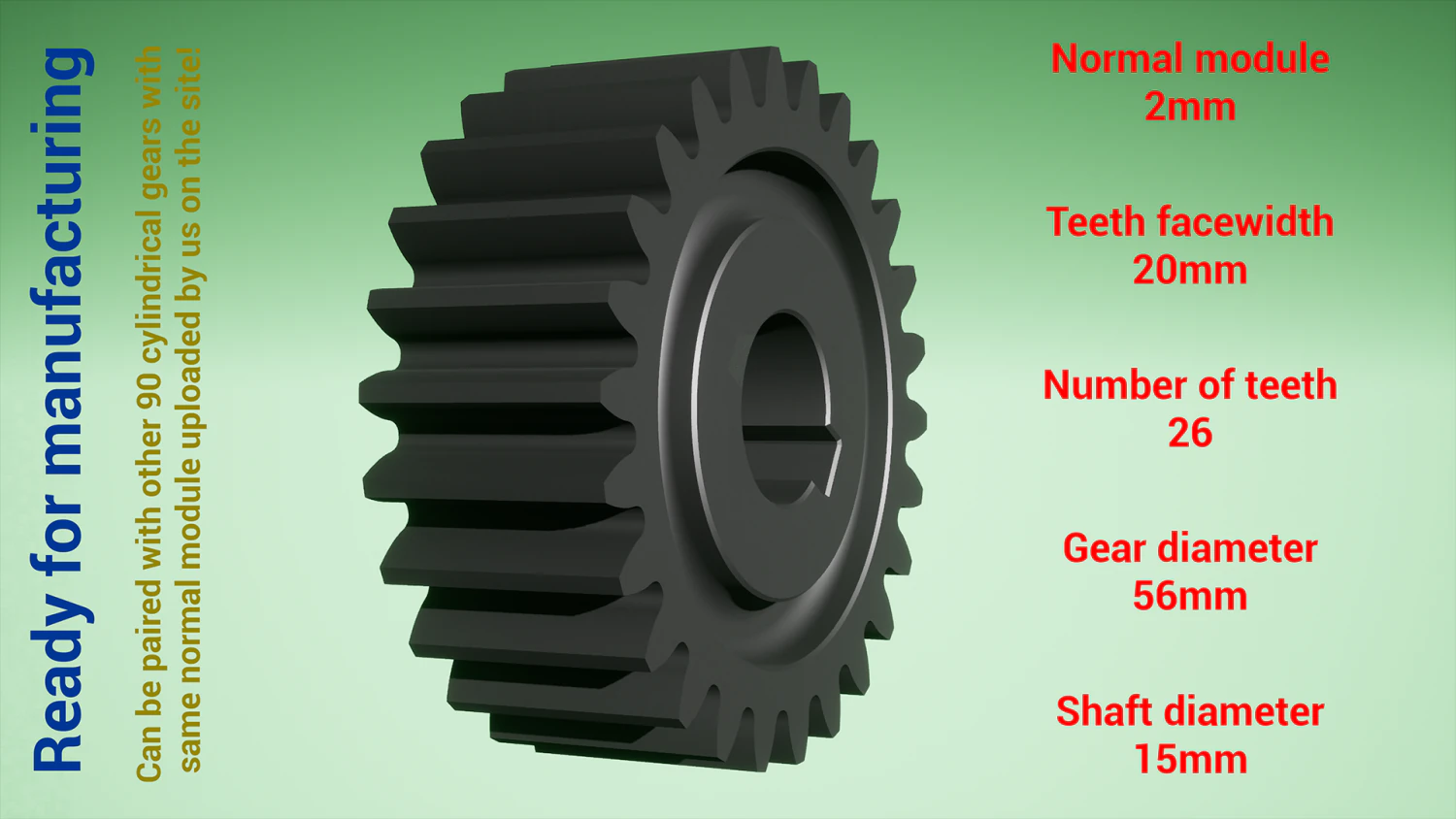 Cylindrical gear - paired - z26 m2 D56 d15 3D Print Model .c4d .max .obj .3ds .fbx .stl .blend 