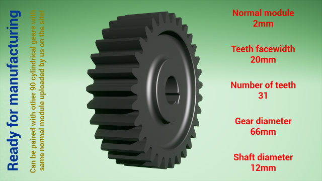 Cylindrical gear - paired - z31 m2 D66 d12 3Dプリントモデル .c4d .max .obj .3ds .fbx .stl .blend 