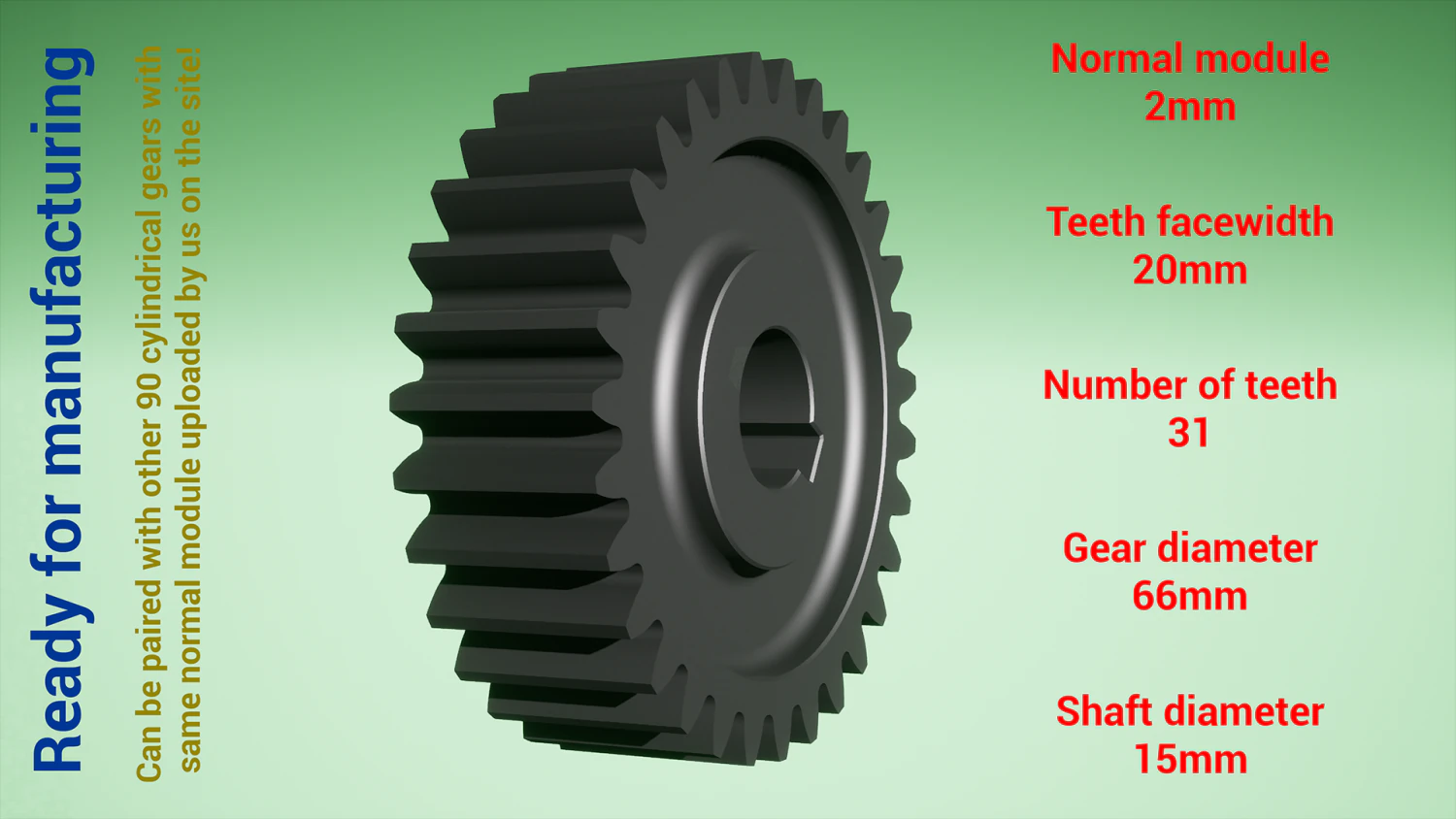 Cylindrical gear - paired - z31 m2 D66 d15 3D Print Model .c4d .max .obj .3ds .fbx .stl .blend 