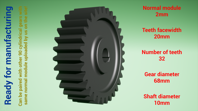Cylindrical gear - paired - z32 m2 D68 d10 3D 프린트 모델 .c4d .max .obj .3ds .fbx .stl .blend 