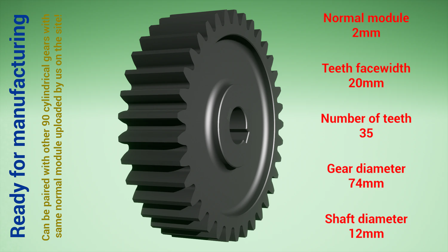 Cylindrical gear - paired - z35 m2 D74 d12 3D Print Model .c4d .max .obj .3ds .fbx .stl .blend 