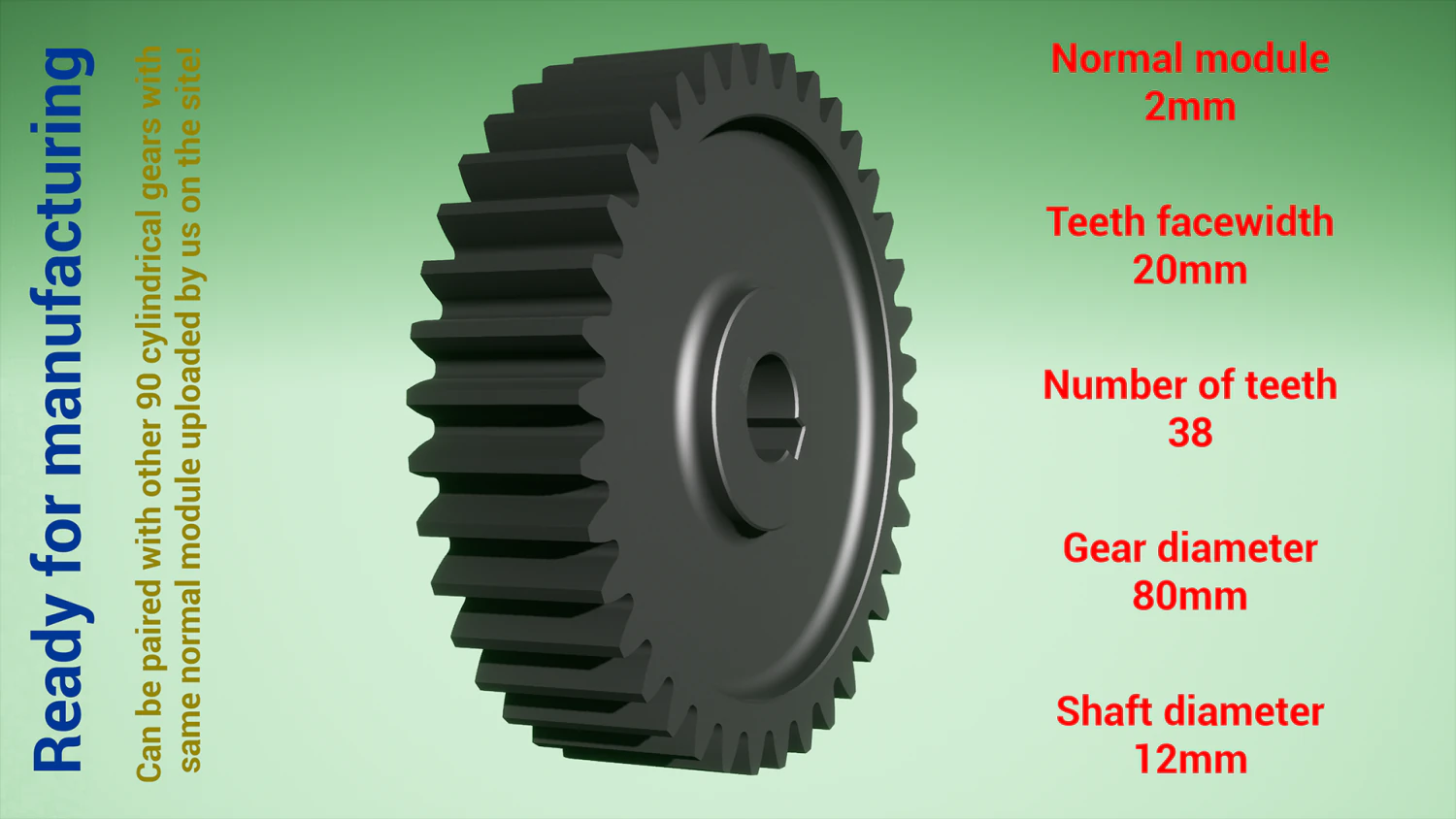 Cylindrical gear - paired - z38 m2 D80 d12 3D Print Model .c4d .max .obj .3ds .fbx .stl .blend