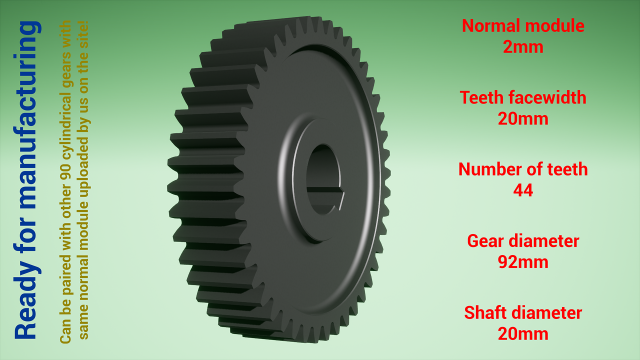 Cylindrical gear - paired - z44 m2 D92 d20 3Dプリントモデル .c4d .max .obj .3ds .fbx .stl .blend 