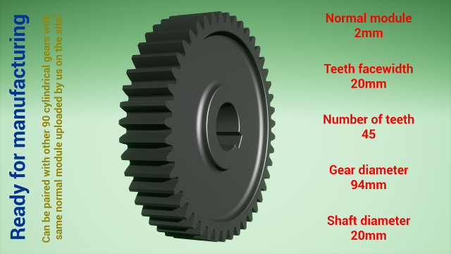 Cylindrical gear - paired - z45 m2 D94 d20 3D Принт Модель .c4d .max .obj .3ds .fbx .stl .blend 