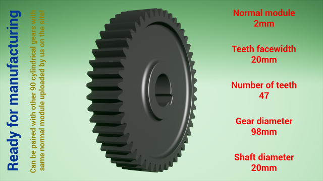 Cylindrical gear - paired - z47 m2 D98 d20 Modèles 3D en vedette .c4d .max .obj .3ds .fbx .stl .blend 