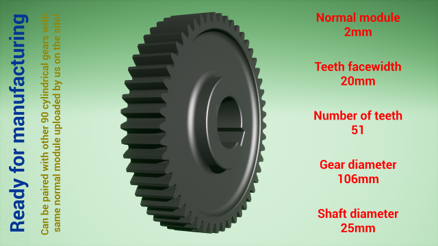 Cylindrical gear - paired - z51 m2 D106 d25 3D-printmodel .c4d .max .obj .3ds .fbx .stl .blend 