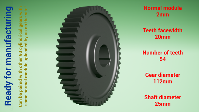 Cylindrical gear - paired - z54 m2 D112 d25 3Dプリントモデル .c4d .max .obj .3ds .fbx .stl .blend 