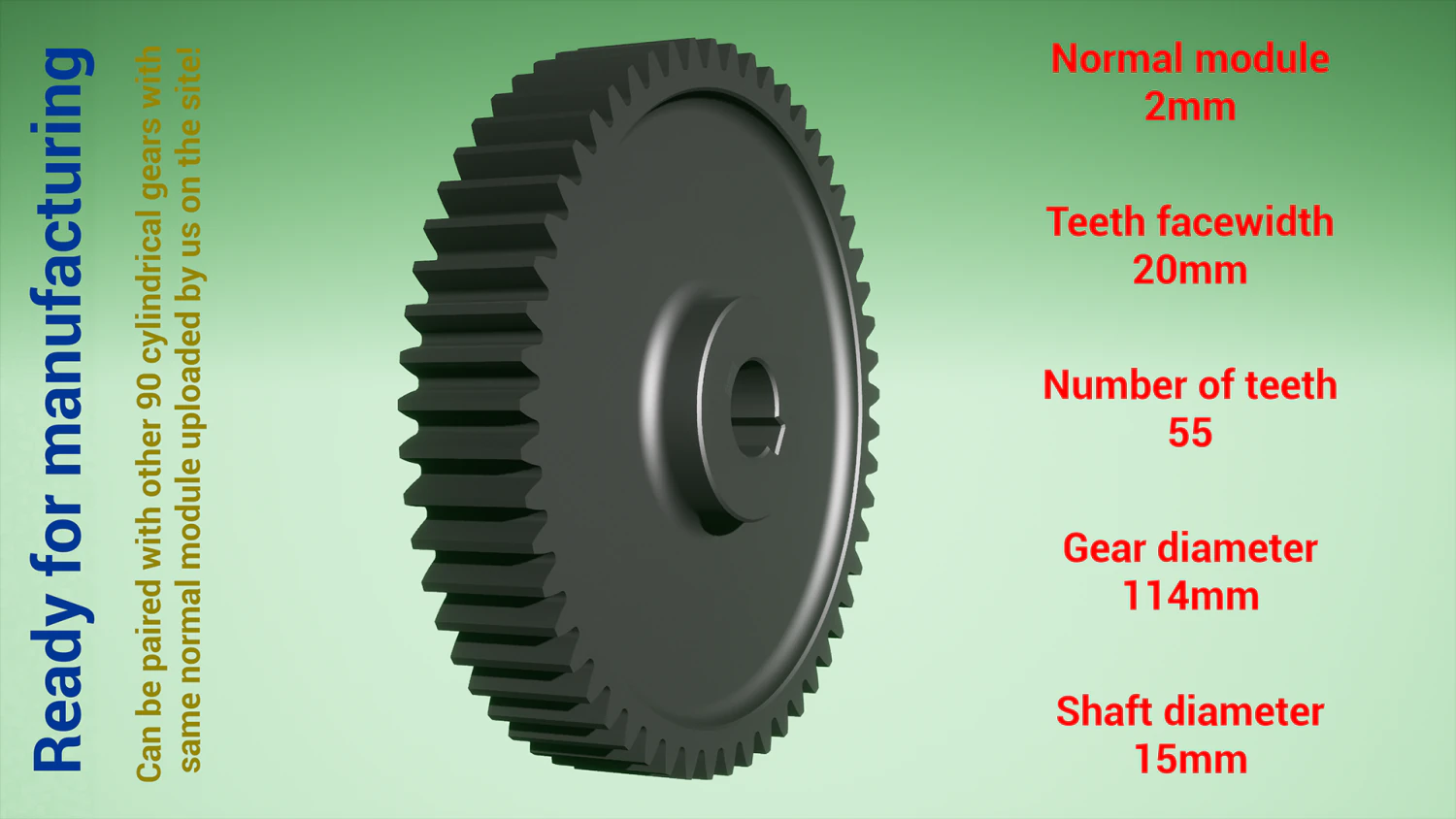 Cylindrical gear - paired - z55 m2 D114 d15 3D Print Model .c4d .max .obj .3ds .fbx .stl .blend