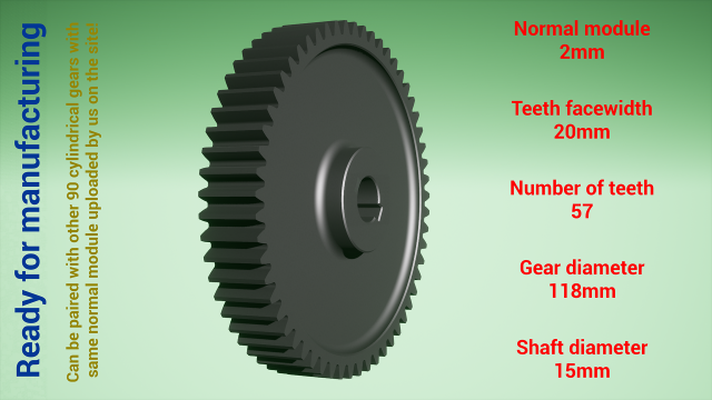 Cylindrical gear - paired - z57 m2 D118 d15 3Dプリントモデル .c4d .max .obj .3ds .fbx .stl .blend 
