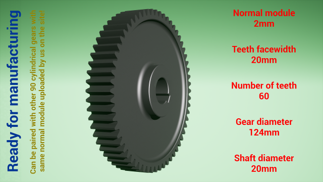 Cylindrical gear - paired - z60 m2 D124 d20 3D Baskı Modeli .c4d .max .obj .3ds .fbx .stl .blend 