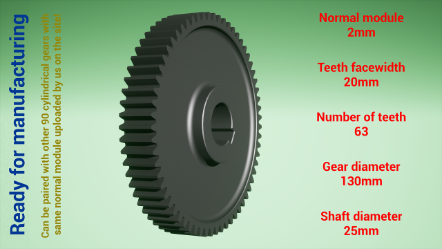Cylindrical gear - paired - z63 m2 D130 d25 3Dプリントモデル .c4d .max .obj .3ds .fbx .stl .blend 