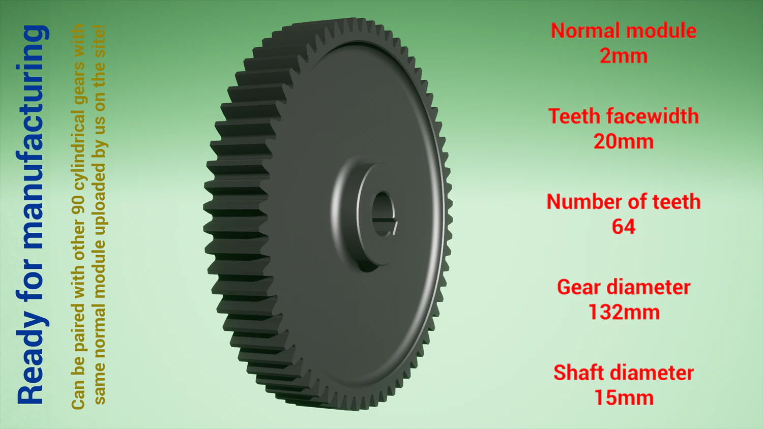 Cylindrical gear - paired - z64 m2 D132 d15 3D Print Model .c4d .max .obj .3ds .fbx .stl .blend 