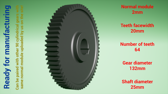 Cylindrical gear - paired - z64 m2 D132 d25 3D 打印模型 .c4d .max .obj .3ds .fbx .stl .blend
