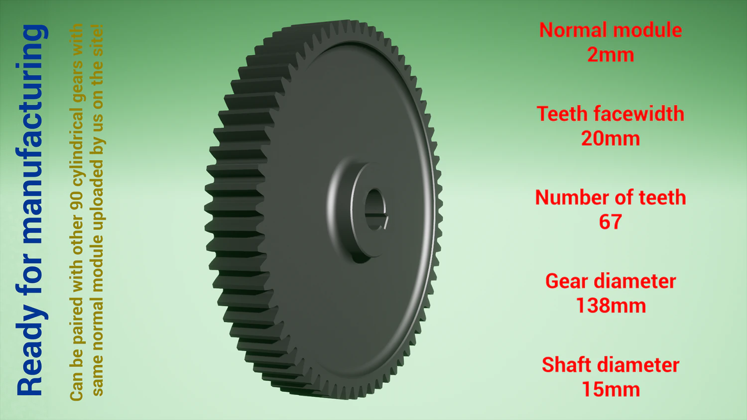 Cylindrical gear - paired - z67 m2 D138 d15 3D Print Model .c4d .max .obj .3ds .fbx .stl .blend