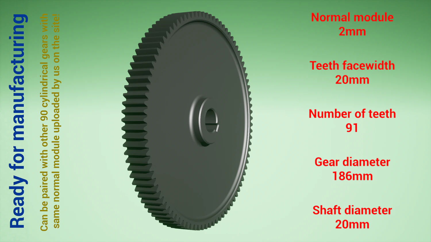 Cylindrical gear - paired - z91 m2 D186 d20 3D Print Model .c4d .max .obj .3ds .fbx .stl .blend 