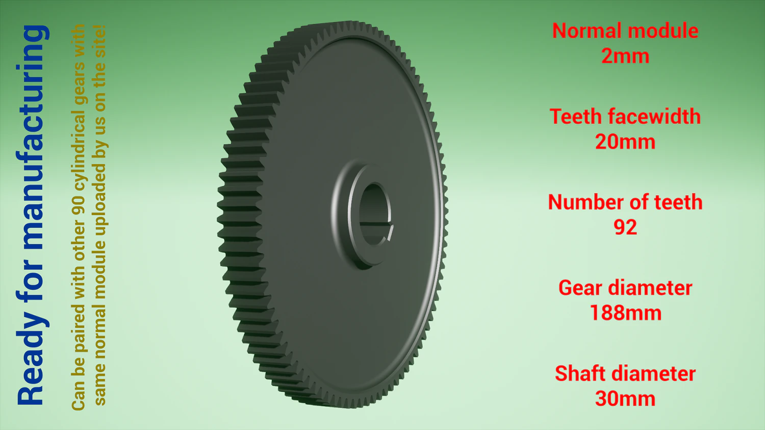 Cylindrical gear - paired - z92 m2 D188 d30 3D Print Model .c4d .max .obj .3ds .fbx .stl .blend