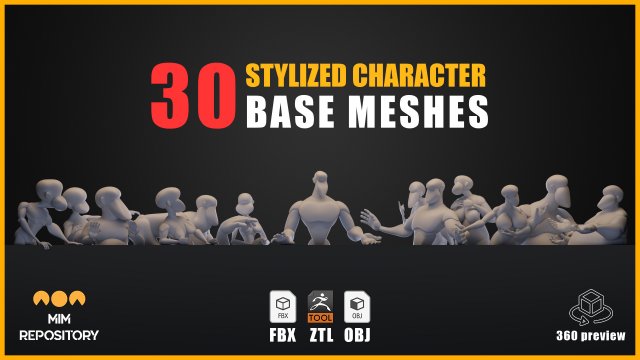 30 Stylized Character Base MeshesVOL 1 3D Model .c4d .max .obj .3ds .fbx .stl .blend 