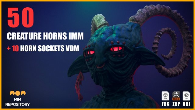 50 Creature Horns IMM 10 Horn Sockets VDM 3D 모델 .c4d .max .obj .3ds .fbx .stl .blend 