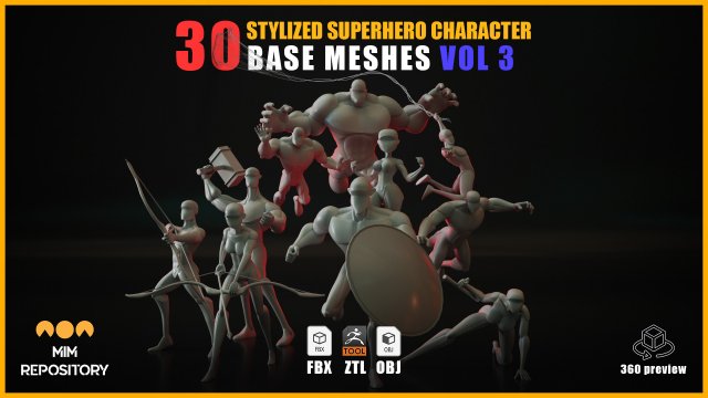 30 Stylized Superhero Character Base Meshes - VOL 3 3Dモデル .c4d .max .obj .3ds .fbx .stl .blend 