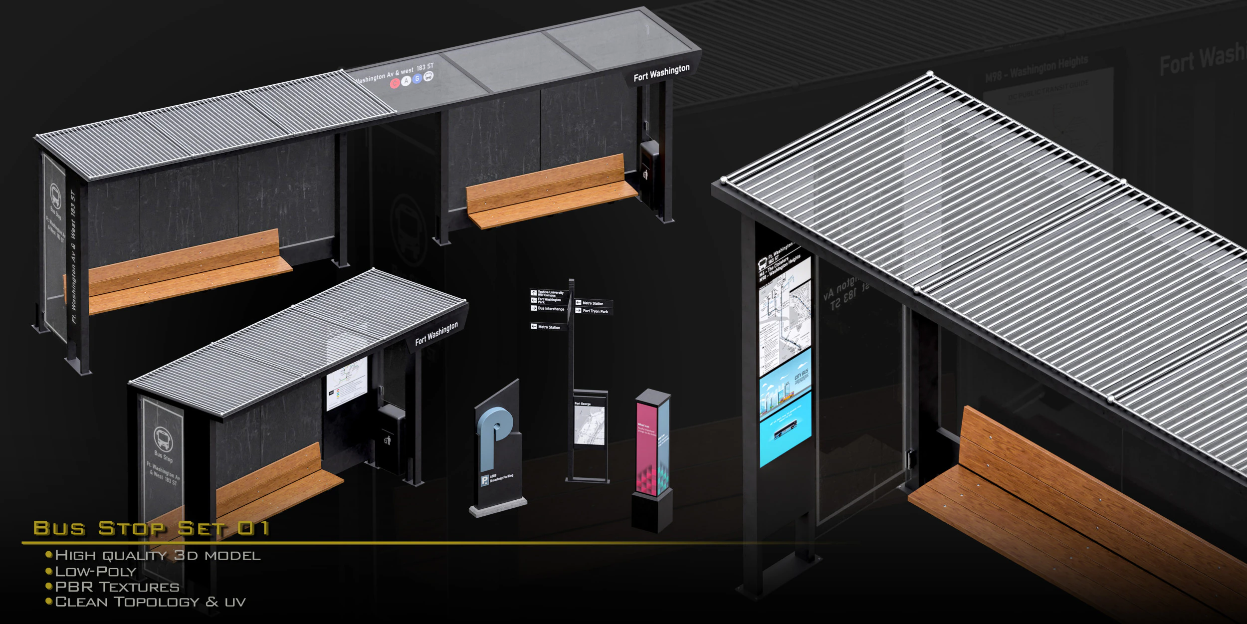 Bus Stop - Set01 3D Model .c4d .max .obj .3ds .fbx .stl .blend 