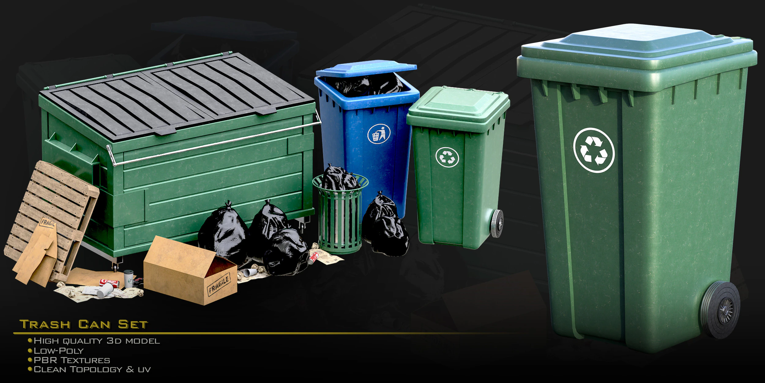 Trash Can Set01 3D Model .c4d .max .obj .3ds .fbx .stl .blend