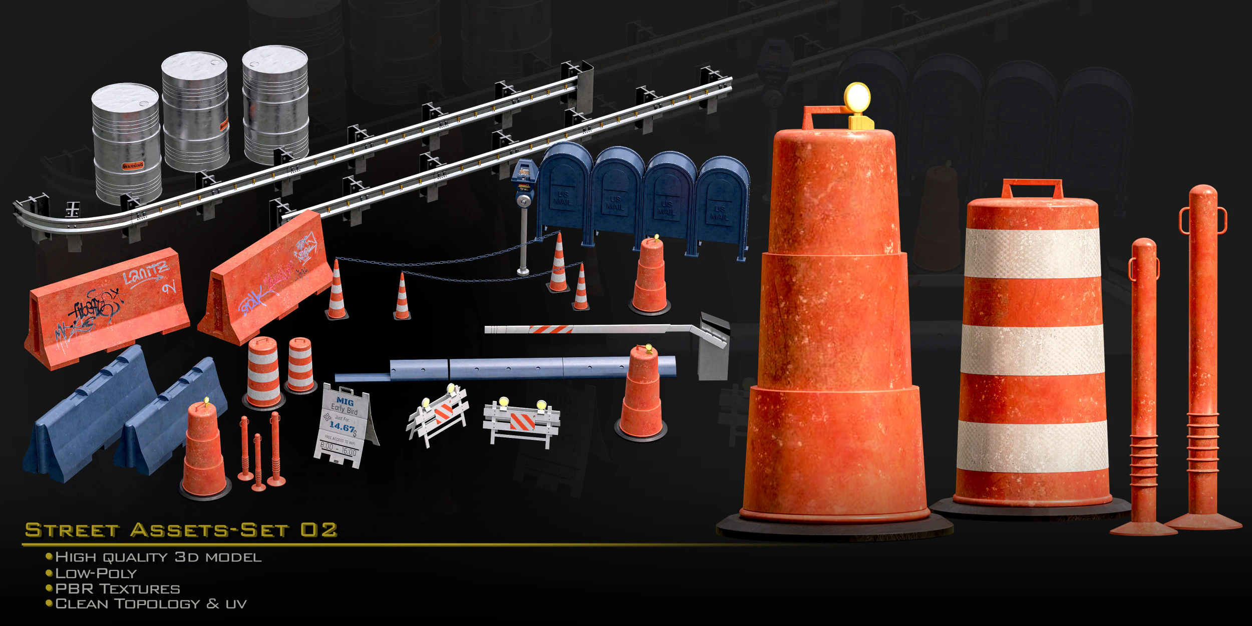 Street Asset Set 02 3D Model .c4d .max .obj .3ds .fbx .stl .blend 