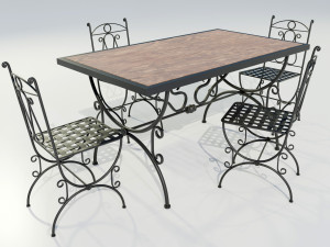 Iron Wood Table and Chairs Model 3D