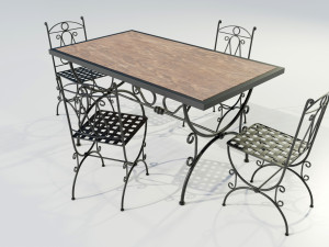Iron Wood Table and Chairs Model 3D
