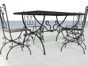Iron Wood Table and Chairs Model 3D