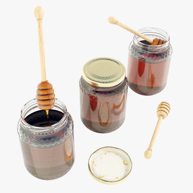 Glass Honey Jars 3D Model .c4d .max .obj .3ds .fbx .stl .blend 