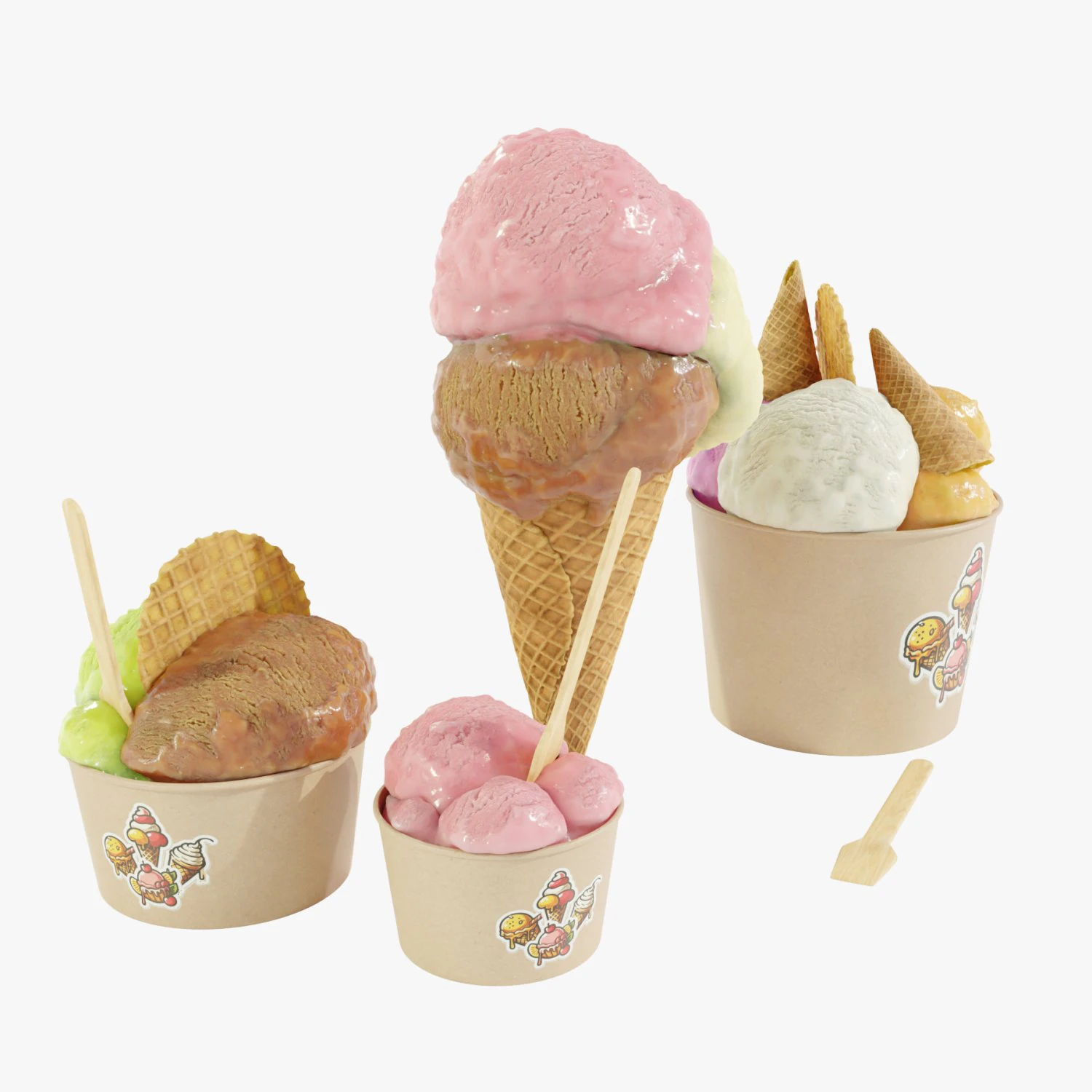 Ice Cream Cone and Cups 3D Model .c4d .max .obj .3ds .fbx .stl .blend