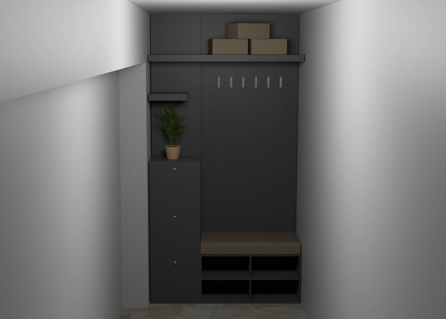 Gray hall closet with seat drawers and coat hooks 3D Model .c4d .max .obj .3ds .fbx .stl .blend 