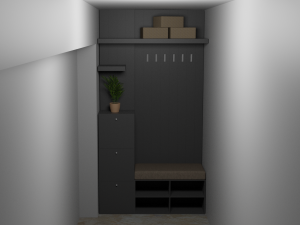 Gray hall closet with seat drawers and coat hooks 3D Model