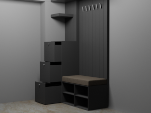 Gray hall closet with seat drawers and coat hooks 3D Model