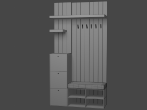Gray hall closet with seat drawers and coat hooks 3D Model