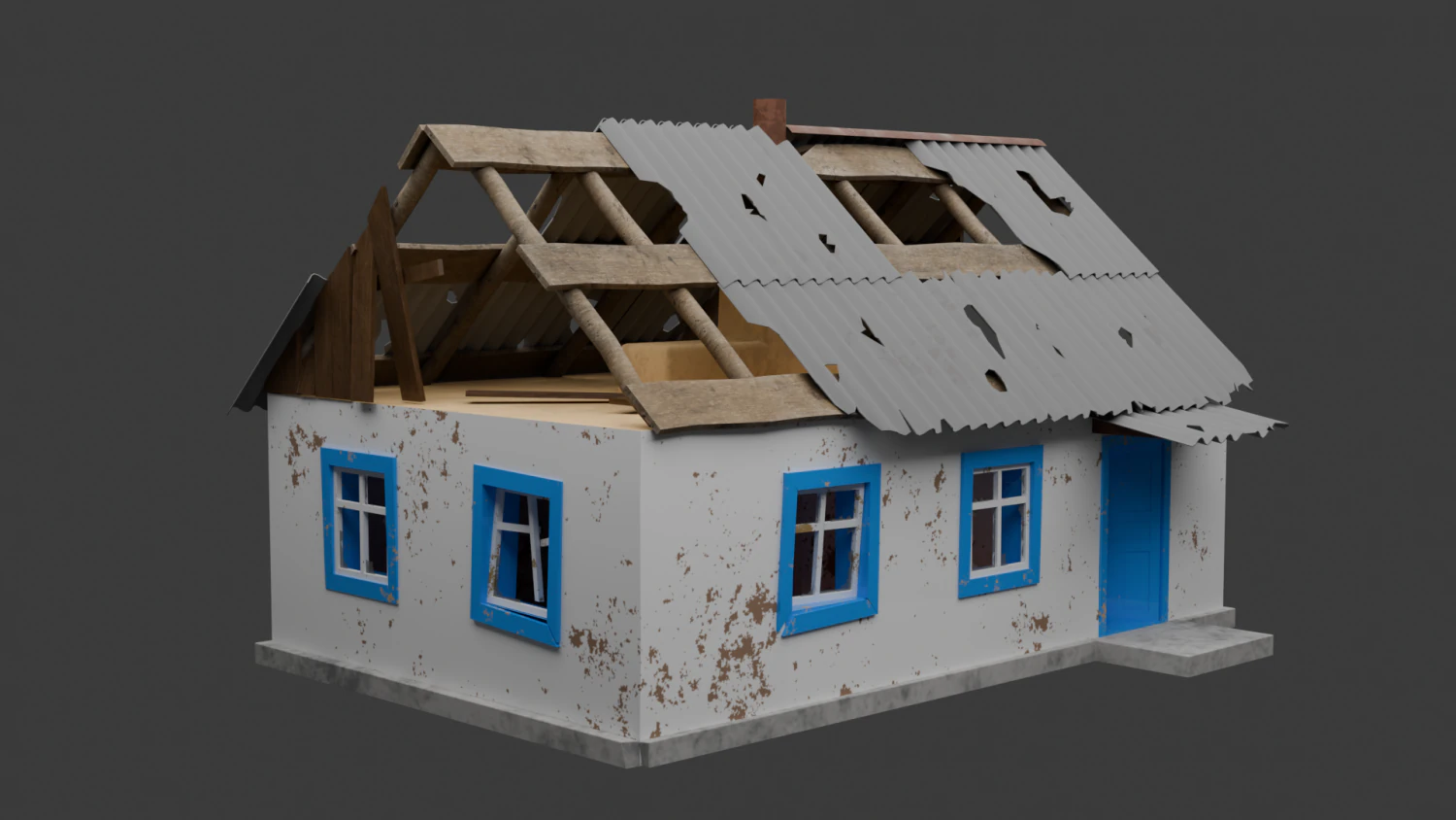 Old Village House Destroyed 3D Model .c4d .max .obj .3ds .fbx .stl .blend