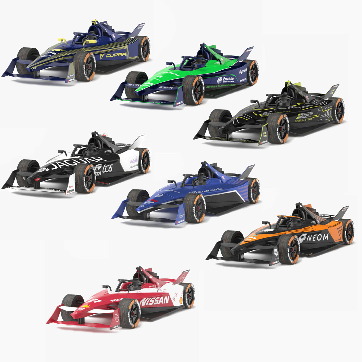 Formula E Season 2024 Race Car Collection 3D Model .c4d .max .obj .3ds .fbx .stl .blend 