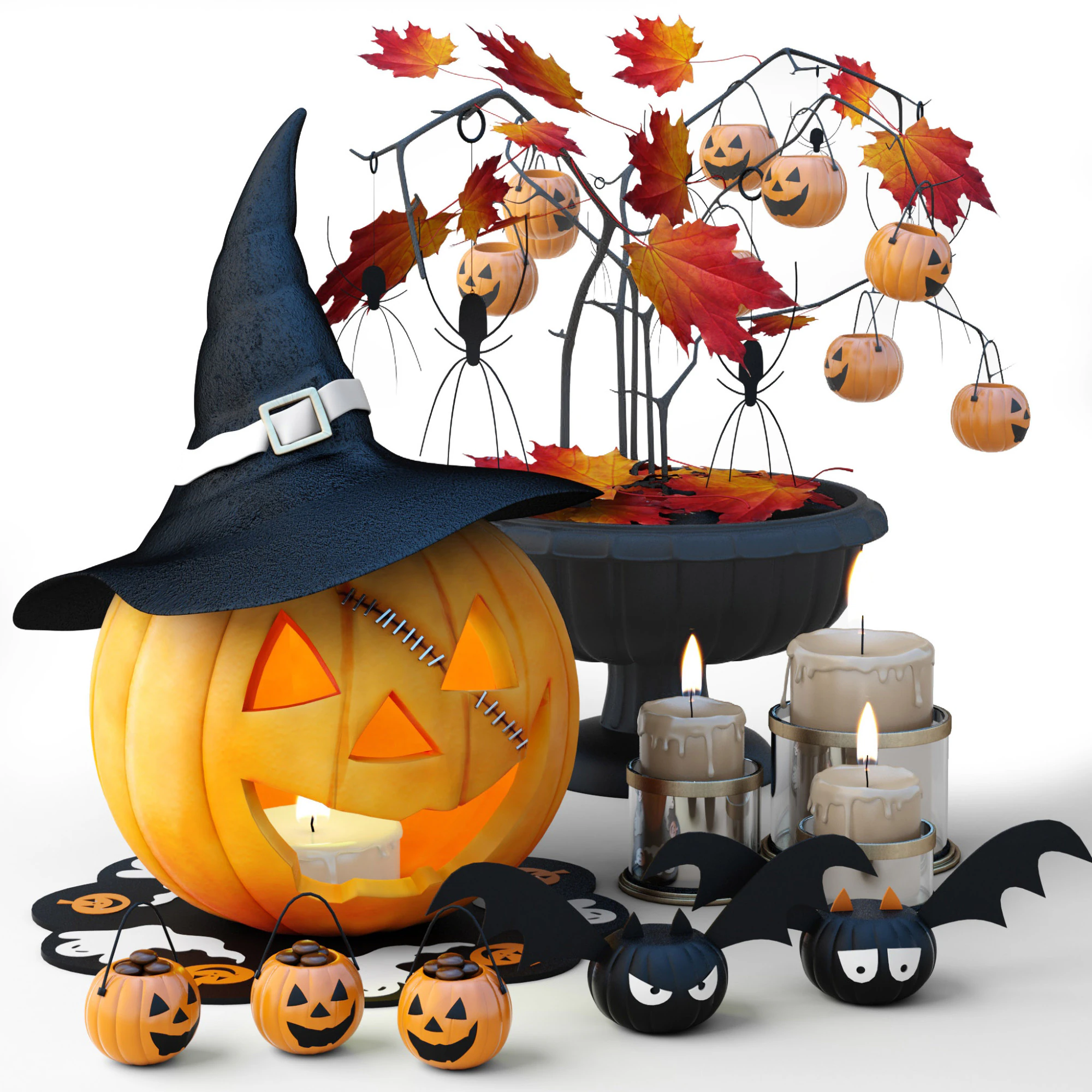 Set Halloween pumpkin with witch hat 3D Model .c4d .max .obj .3ds .fbx .stl .blend 