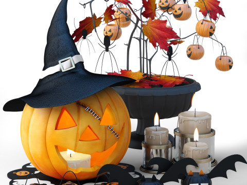 Set Halloween pumpkin with witch hat Modello 3D