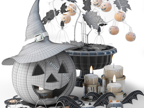 Set Halloween pumpkin with witch hat Modelo 3D