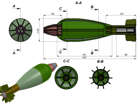 Mortar shell Artillery mine of 82 mm caliber 3Dprintable Moulage Modello 3D
