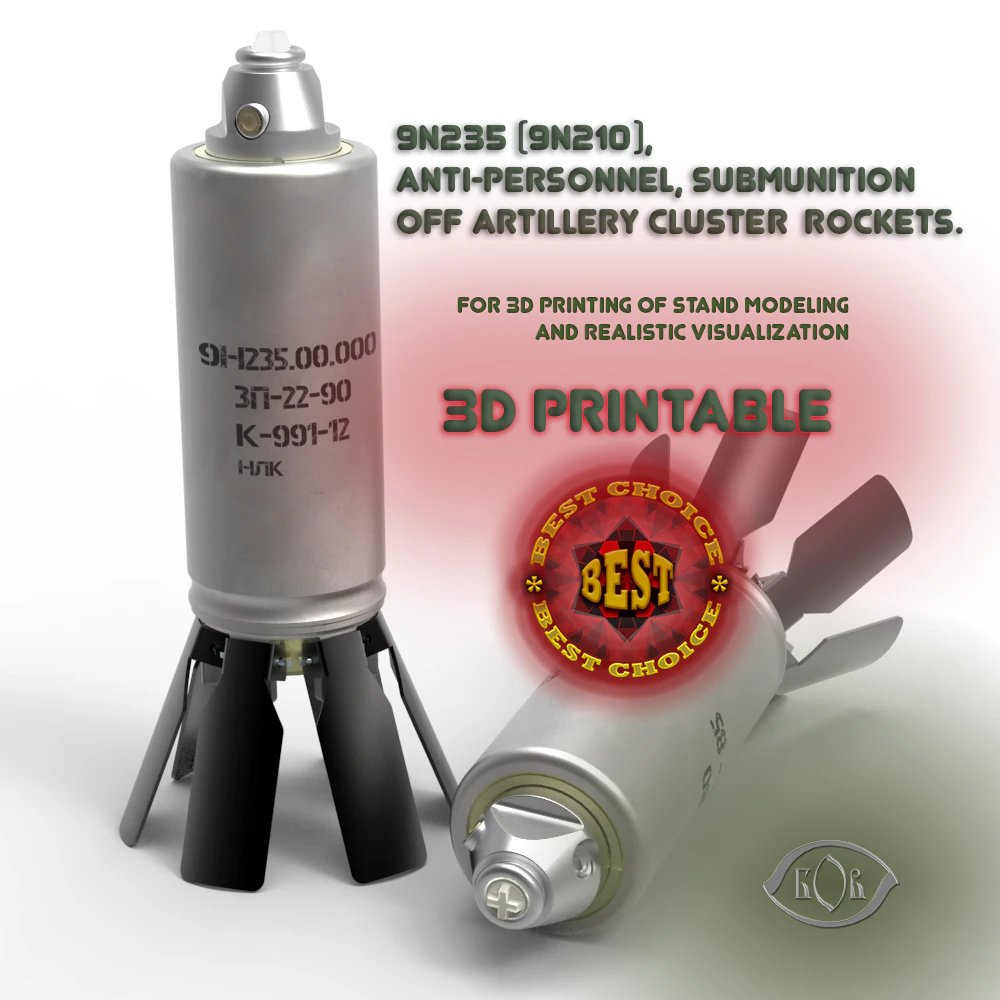 火炮集束火箭上的 9N235 杀伤人员子弹药 3D 打印模具 3D 模型 .c4d .max .obj .3ds .fbx .stl .blend 