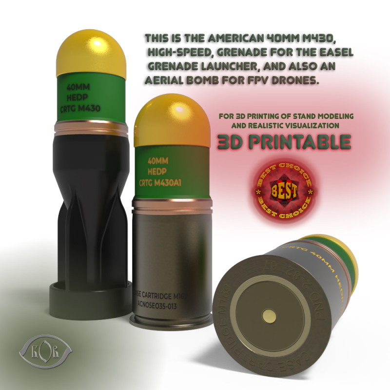 M430 40mm Projected Grenade Bomb for FPV drones Shell Cartridge 3D printable Moulage Modelo 3D .c4d .max .obj .3ds .fbx .stl .blend