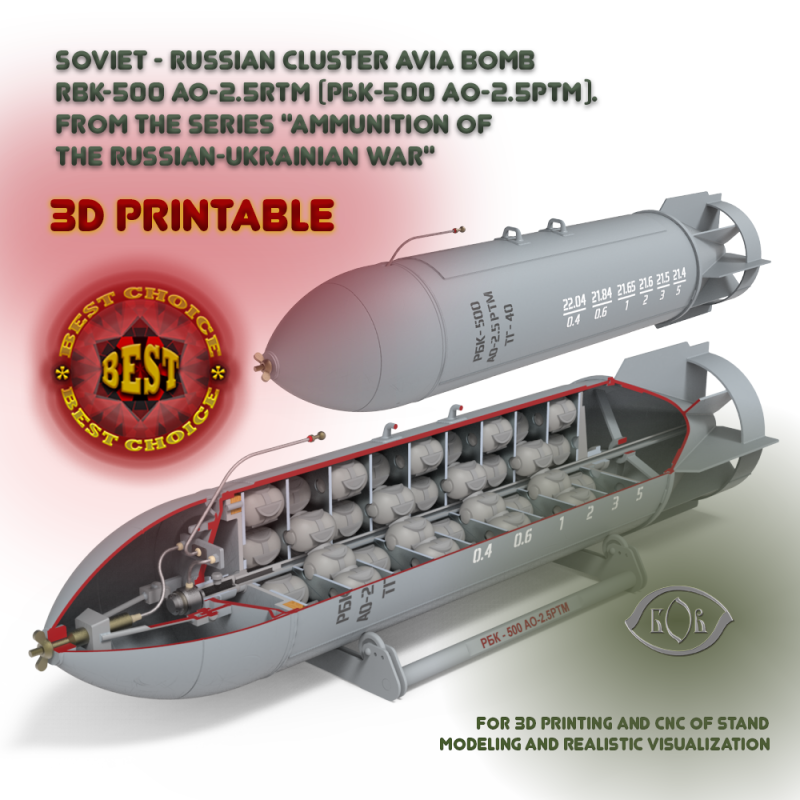 Cluster aviation bomb RBK 500 AO 2 5 RTM 3D printable Moulage to scale 1 to 5 3D 모델 .c4d .max .obj .3ds .fbx .stl .blend 