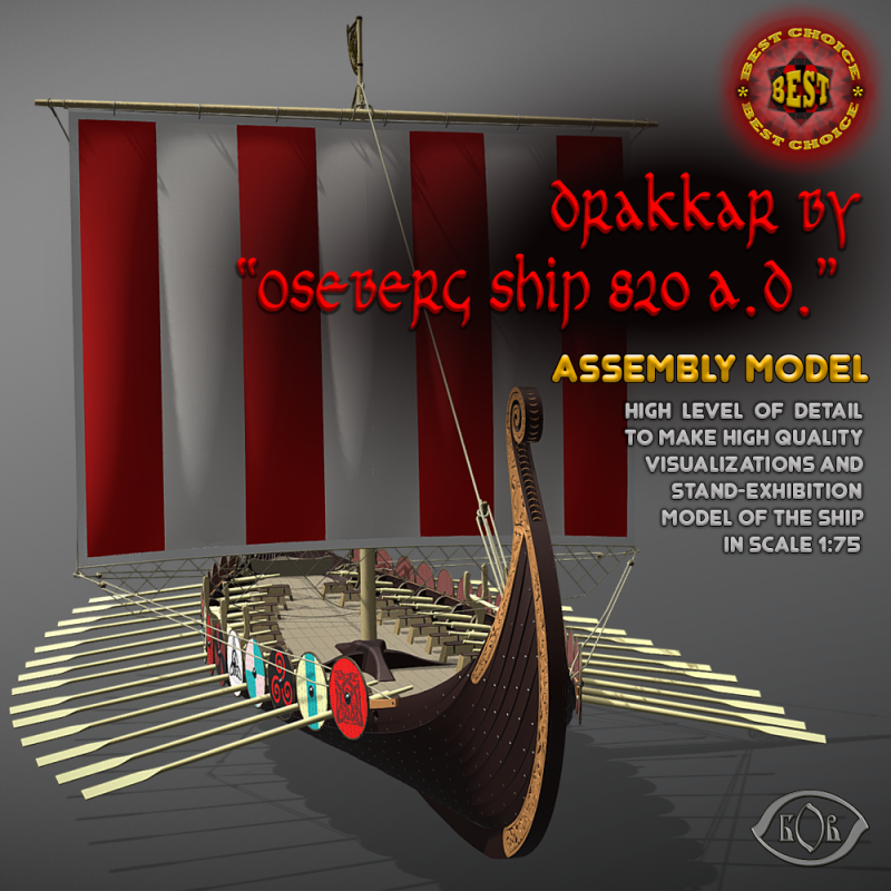Drakkar is a Viking warship by Oseberg ship 820 AD 3D Model .c4d .max .obj .3ds .fbx .stl .blend