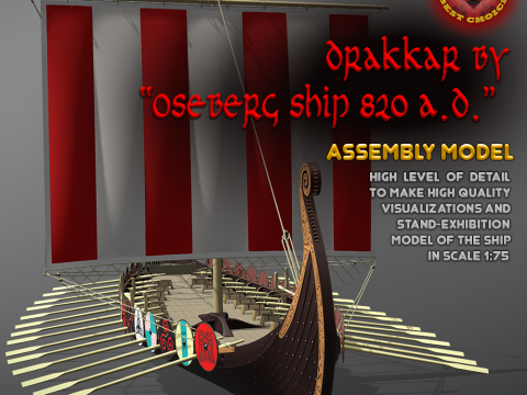 Drakkar is a Viking warship by Oseberg ship 820 AD 3D Model